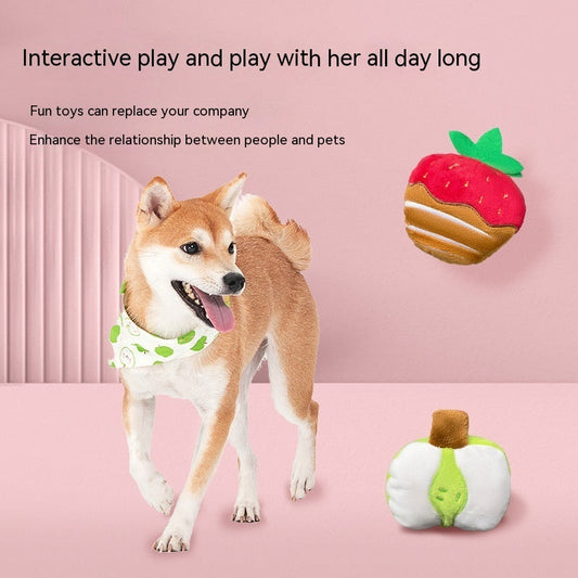 KFX-7028541 Strawberry Chocolate Plush Dog Toy in Strawberry, Green Mango, Kiwi Fruit, and Duck Pear Colors