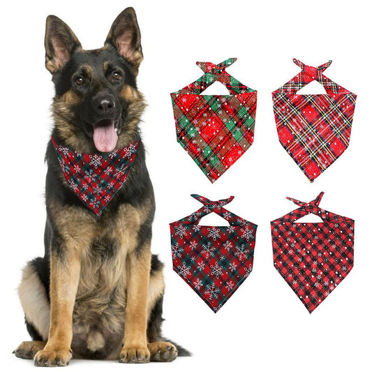 KFX-7053501 Plaid Cotton Christmas Dog Scarf - Triangular Design for Festive Styling