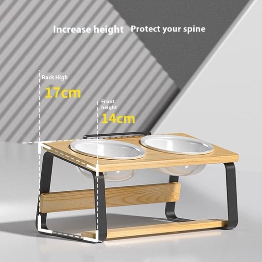 KFX-7057853 Ceramic Double Bowl Pet Feeding Set with Wooden Stand for Cats
