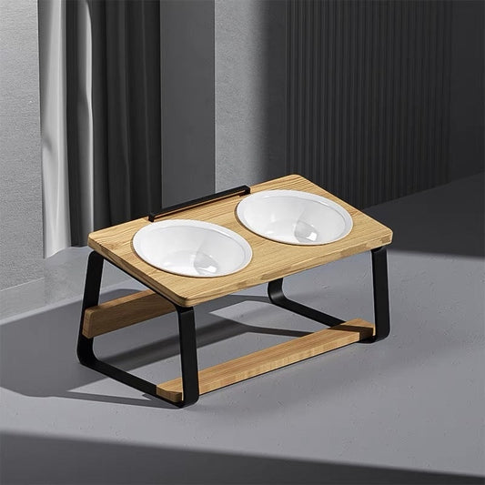 KFX-7057853 Ceramic Double Bowl Pet Feeding Set with Wooden Stand for Cats