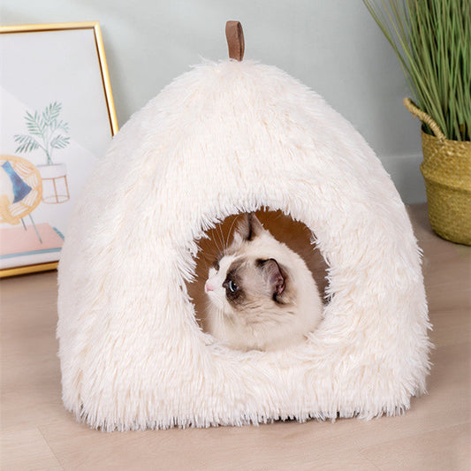 KFX-7061693 Plush Triangle Cat Bed - Soft, Stylish, Compressible Nest in White