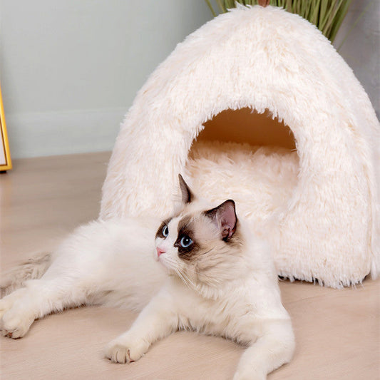 KFX-7061693 Plush Triangle Cat Bed - Soft, Stylish, Compressible Nest in White