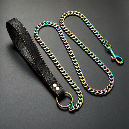 KFX-7088445 Stainless Steel Traction Belt with 125cm PU Coated Black Leather Rope
