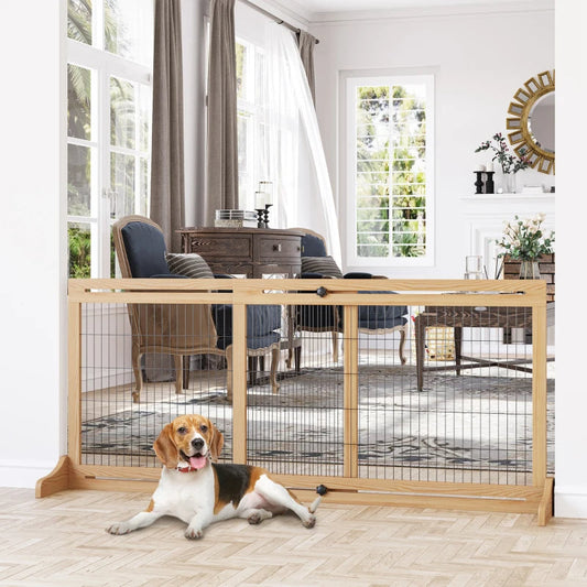KFX-7090109 Extra Wide Freestanding Pet Gate for Dogs and Cats, Adjustable Length Barrier for Doorways and Hallways, Natural Pine Wood and Steel Design