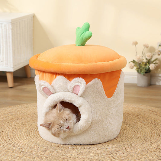 KFX-7115709 Cartoon Cat Litter Box with Dual-purpose Milk Tea Cup Design, Fully Enclosed Short Plush Pet Nest