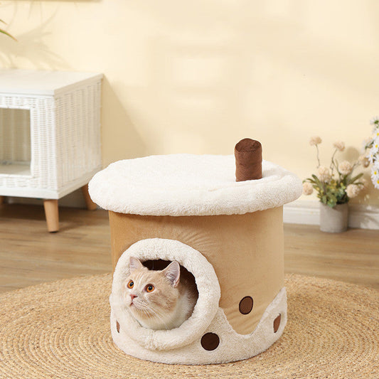 KFX-7115709 Cartoon Cat Litter Box with Dual-purpose Milk Tea Cup Design, Fully Enclosed Short Plush Pet Nest