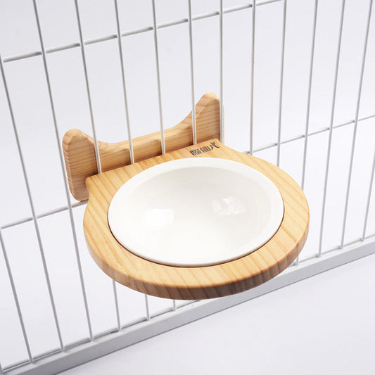 KFX-7117629 Ceramic Pet Bowl with Solid Wood Stand for Elevated Feeding