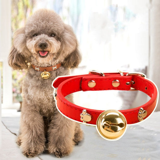 KFX-7129149 Durable PU Pet Collar with Claw Print Bone Design and Alloy Bell in Multiple Colors