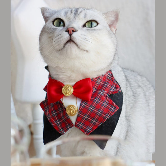 KFX-7140925 British Academy Style Bib Tie for Cats and Dogs - Red Grid, Blue Grid, Pink Line, Blue Line - Sizes S and M