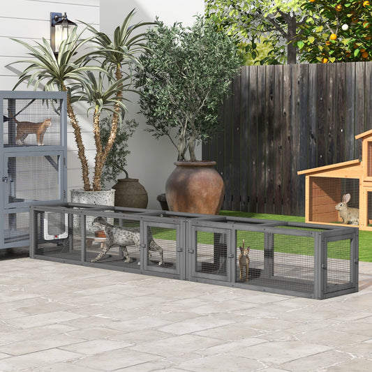 KFX-7159997 Dark Gray Wooden Cat Tunnel with 8 Doors – Outdoor Play Tunnel for Cats Under 10 lbs