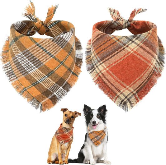 KFX-7165373 Fall Plaid Dog Bandana with Tassel Edges - Cozy Triangle Scarf for Thanksgiving and Everyday Wear