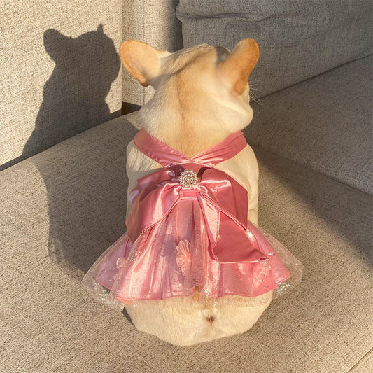KFX-7173693 Pink Mesh Dress Skirt for Dogs and Cats with Bow and Pearl - Sizes S2 to 3XL