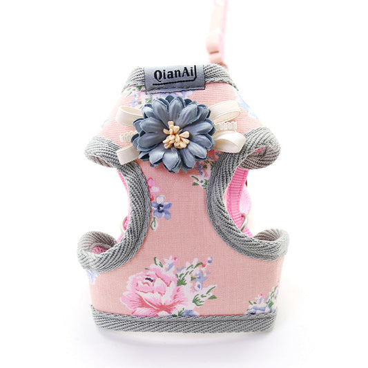 KFX-7191997 Summer Floral Dog Leash with Chest Harness in Pink, Sky Blue, and Gray