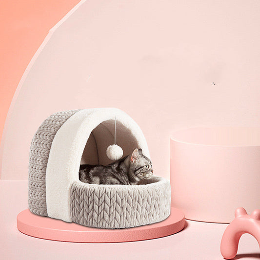 KFX-7198525 Universal Semi-enclosed Cat Bed and Kennel for Winter Comfort in Pink and Gray