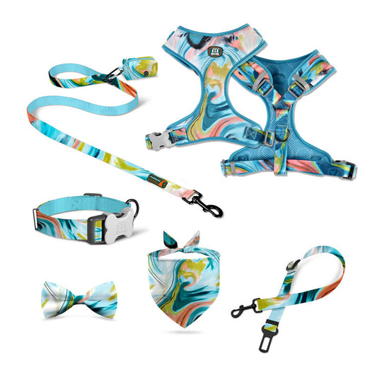 KFX-7284541 Pet Supplies Pink Sunflower Four-Piece Pet Chain Set with Collar, Harness, Leash, and Bin Bag