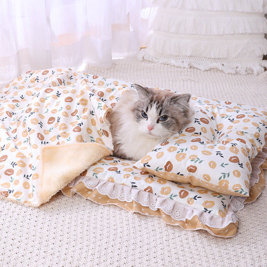 KFX-7292861 Cozy Three-Piece Cat Mattress and Blanket Set for Pets - Soft Cotton Bed with Stylish Patterns