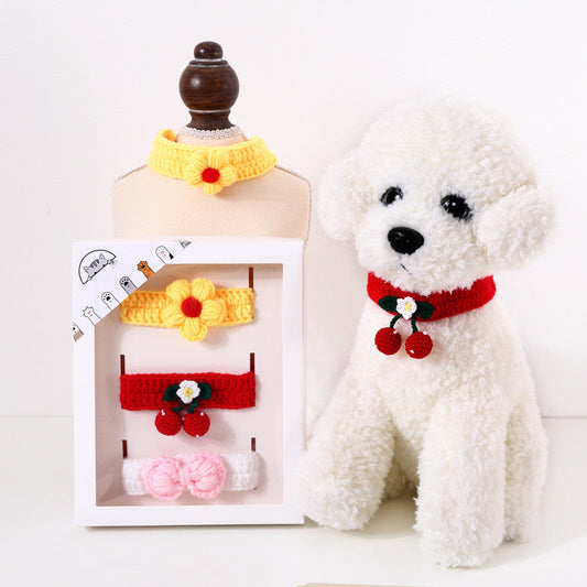 KFX-7304509 Hand Knitted Wool Cherry Flower Bow Adjustable Pet Collar for Cats and Dogs