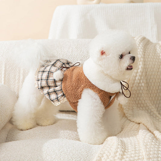 KFX-7309885 Cute Bear Dress for Dogs with Scarf – Cashmere and Fleece Material, Available in Brown and Beige, Multiple Sizes