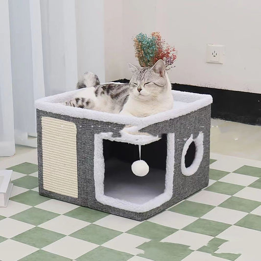 KFX-7312317 Double-Layer Foldable Cat Nest Villa - Dark Gray Pet Bed for Cozy Comfort