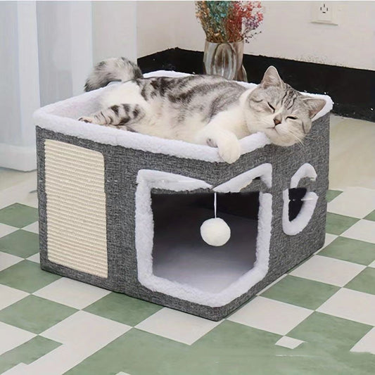 KFX-7312317 Double-Layer Foldable Cat Nest Villa - Dark Gray Pet Bed for Cozy Comfort