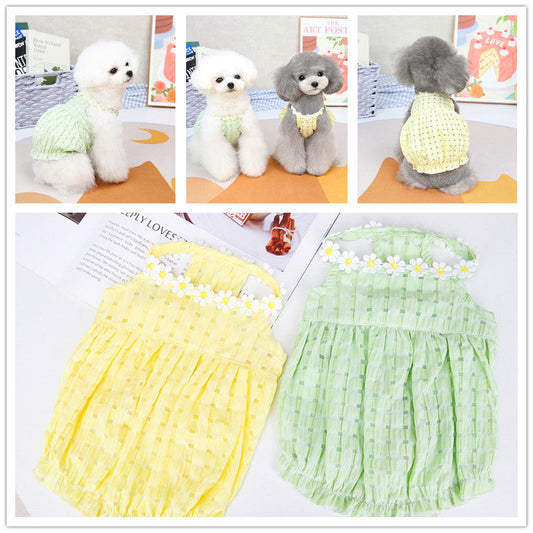 KFX-7314621 Spring Summer Pet Dress for Puppies - Soft Acrylic Skirt in Yellow and Green, Multiple Sizes Available