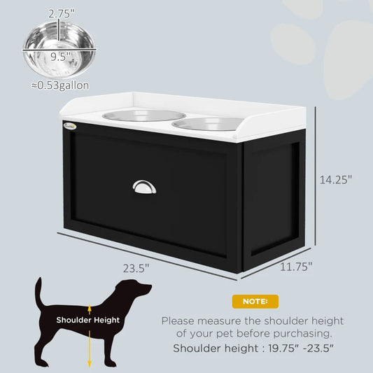 KFX-7319485 Elevated Pet Feeding Station with Storage and Stainless Steel Bowls for Large Dogs, White and Black