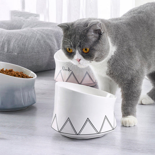 KFX-7323965 Ceramic Cat Bowl in Grey, Pink, and White - Stylish Feeding Dish for Cats