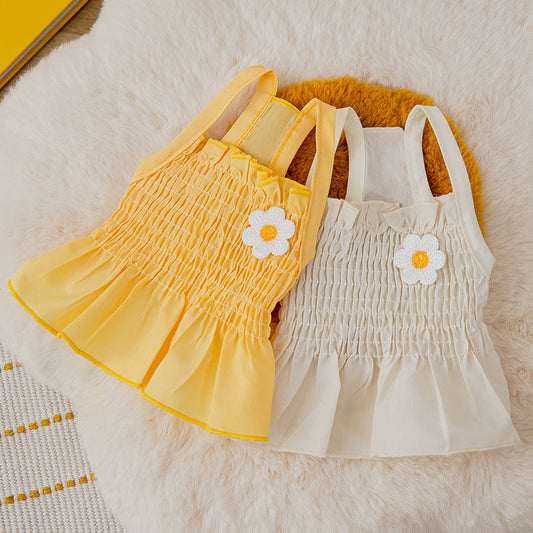 KFX-7342653 Sunflower Print Two-Foot Dog Dress in Yellow and Beige, Casual Style Pet Skirt