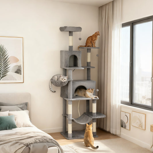 KFX-7344317 Multi-Level Cat Tree with Condos, Hammocks, and Scratching Posts - 80" Tall Dark Gray Cat Tower