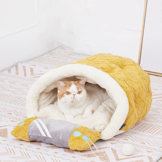 KFX-7356605 Warm Semi-Enclosed Cat Litter Nest with Game Pad - Arctic Fleece Material