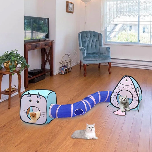 KFX-7367101 Foldable Cat Tent with Fish Design - 3-Piece Pet Toy Set