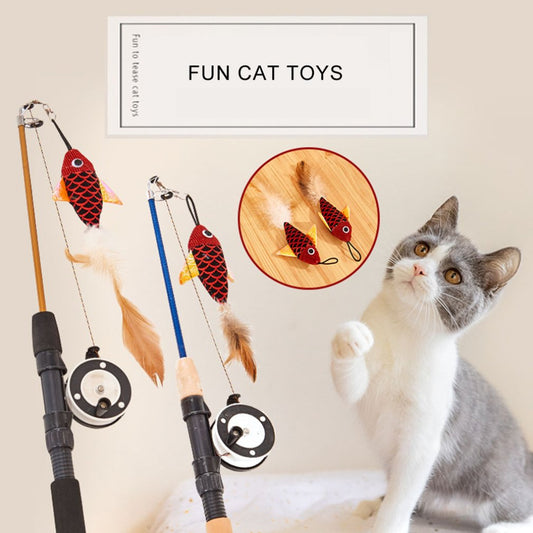 KFX-7395901 Retractable Teaser Feather Toy for Cats - Interactive Fishing Pole with Soft Plush and Feather Attachments