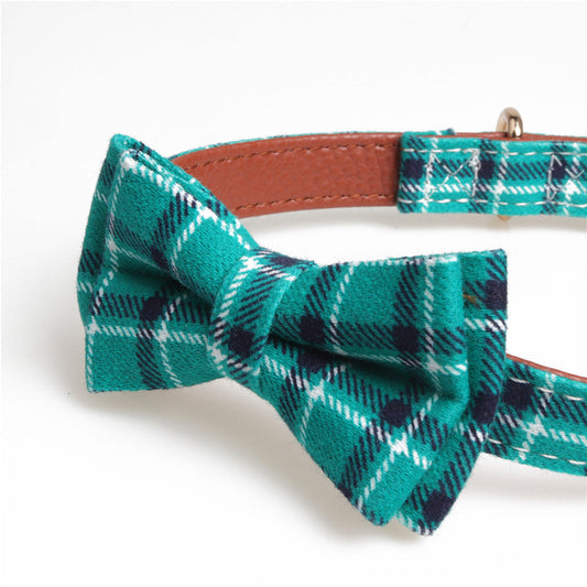 KFX-7403069 Bowknot Adjustable Traction Collar for Small to Large Dogs - 100% Cotton & PU Leather, Lattice Pattern