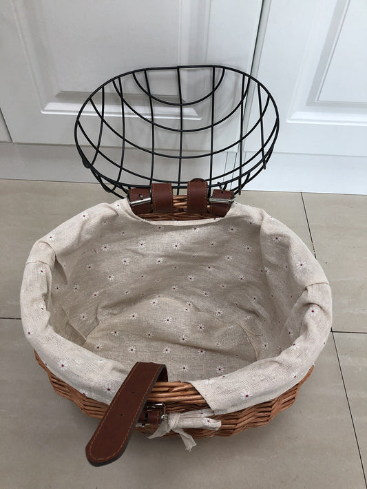 KFX-7431869 Handmade Willow Pet Bicycle Basket with Iron Frame - 30x25x30cm, Includes Belt