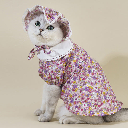 KFX-7439933 Floral Lace Cat Costume Dress with French Floral Hat for Pets