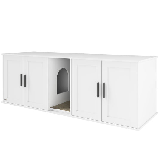 KFX-7477565 Double Room Cat Litter Box Enclosure with Scratching Mat, White, 57 x 19 x 20 Inches, for Two Cats