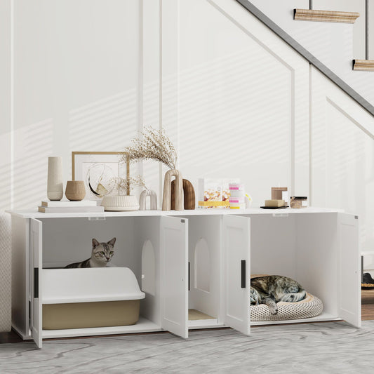 KFX-7477565 Double Room Cat Litter Box Enclosure with Scratching Mat, White, 57 x 19 x 20 Inches, for Two Cats