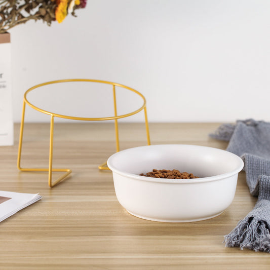 KFX-7493565 Tilted Ceramic Cat Bowl with Stainless Steel Base - Modern Design for Elevated Feeding