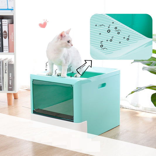 KFX-7497405 Large Fully Enclosed Cat Litter Box with Drawer - Blue Grey Color