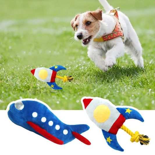 KFX-7506365 Durable Plush Dog and Cat Toy - Airplane/Rocket Shape, Bite-Resistant, Sound Feature, Teething & Dental Care