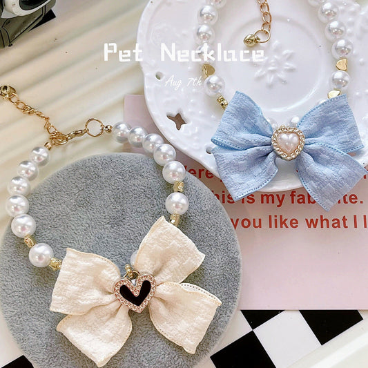 KFX-7555133 Elegant Pearl Collar with Bow for Pets - Available in White and Milk Blue, Various Sizes