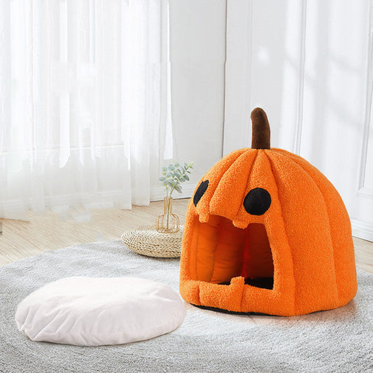 KFX-7562941 Cozy Pumpkin-Shaped Semi-Enclosed Pet Bed for Cats and Dogs