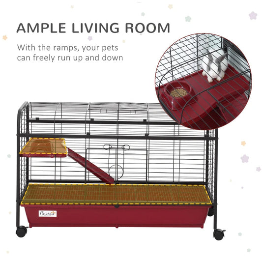 KFX-7574077 Mobile Multi-Level Small Animal Cage with Ramp and Feeder for Rabbits and Ferrets