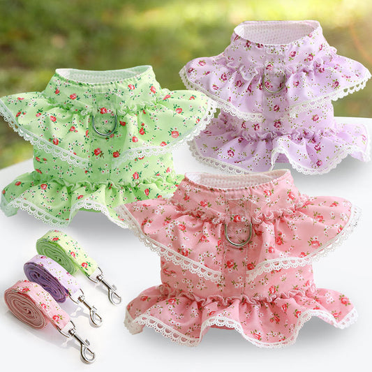 KFX-7619261 Small Floral Lace Teddy Bear Dog Leash with Chest Strap for Pets Up to 15 kg
