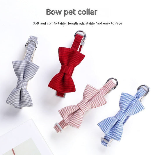 KFX-7620669 Houndstooth Bow Pet Collar – Stylish and Durable in Blue, Pink, Gray, and Purplish Red, Fits 22-29cm