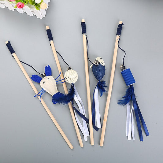 KFX-7631037 Wooden Cat Teaser Wand with Feather and Paper Rope - Fun Interactive Toy, 40cm Long
