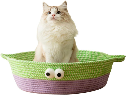 KFX-7637437 Woven Cotton Rope Cat Bed - Round Indoor Nest for Cats, Kittens, and Small Dogs, Washable and Scratch Resistant