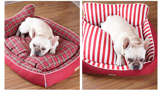 KFX-7655485 Dog House Bed for Small to Medium Dogs - Removable & Washable, Cotton-Linen Blend, Blue Stripes