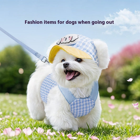 KFX-7689661 Outdoor Sunshade Hat and Chest Strap with Hand Holding Rope for Dogs and Cats - Available in Blue and Brown