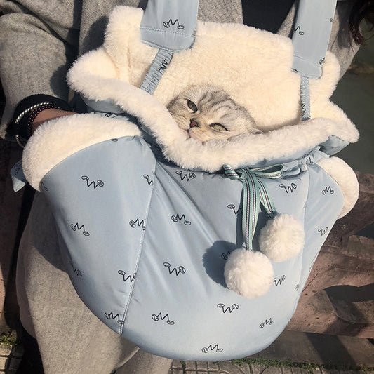 KFX-7692221 Portable Winter Travel Cat Chest Bag in Plush Flannel for Pets Up to 10 lbs - Available in Blue and Pink